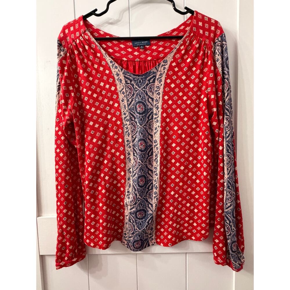 Lucky Brand Boho Red & Blue Print Top  Sz M vtg vintage y2k